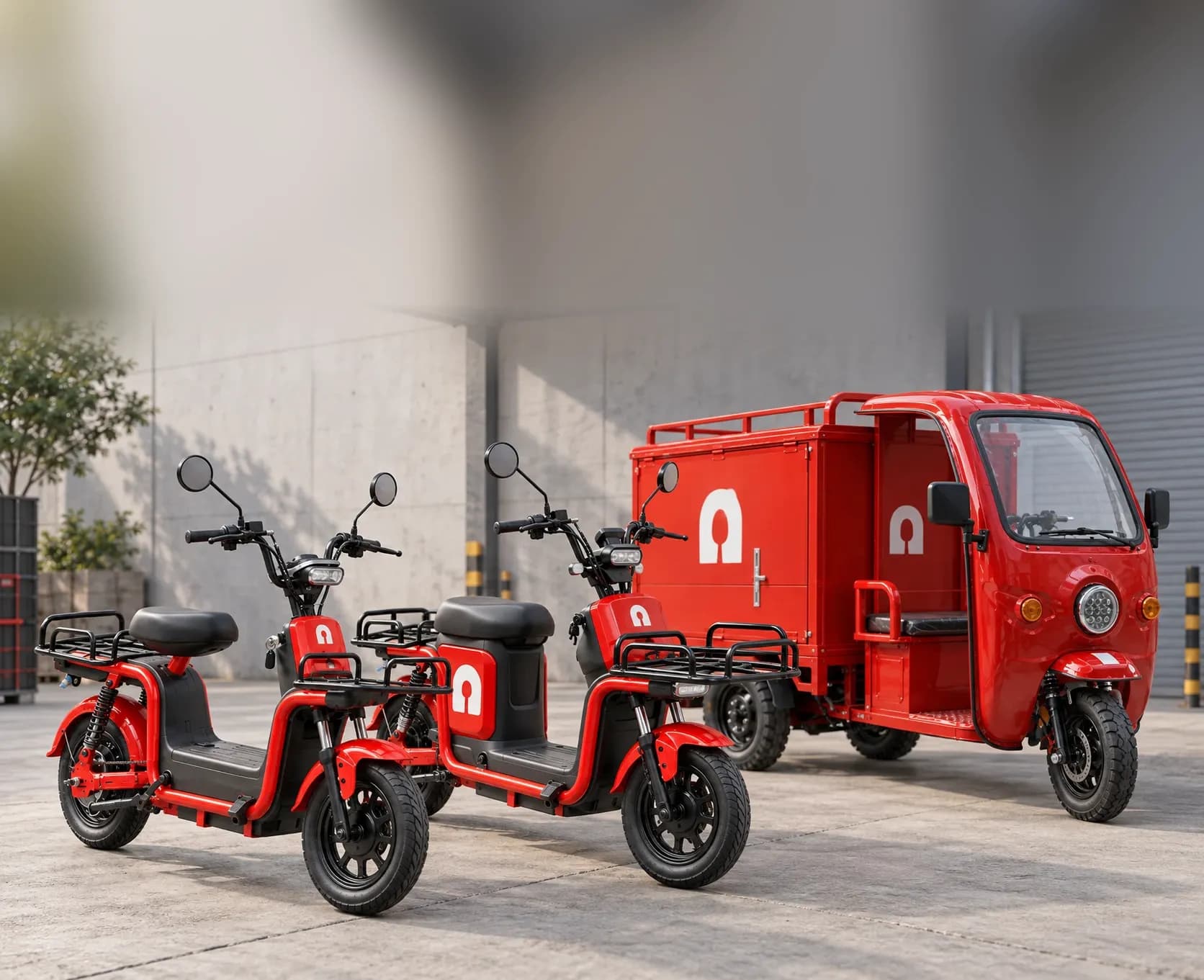 Two Nourri Express electric scooters and an electric cargo tricycle
